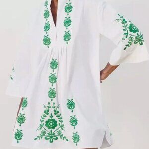 Zara White Green Embroidered Cotton Kaftan Tunic Mini Dress Size XS